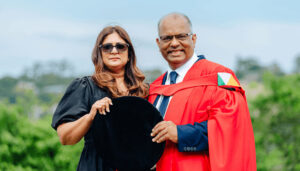 Doctor of Business Administration graduate, Dr Selvin Konar, with his wife, Mrs Vani Konar.